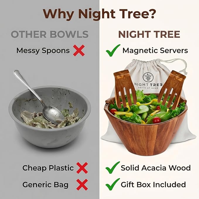 Night Tree Large wooden salad bowl with serving forks mixing, wood salad bowl set for food or fruits, magnetic utensils fit for 6–8 servings, ideal to family meals or as a unique gift