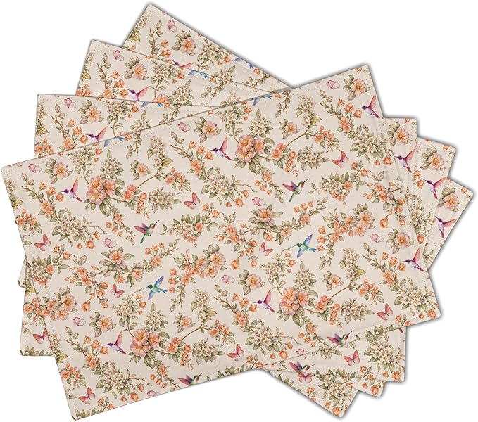 Floral Birds Placemats - Spring Summer Place Mat Set of 4 Hummingbird Butterfly Tablemats 12x18 for Party Kitchen Dining