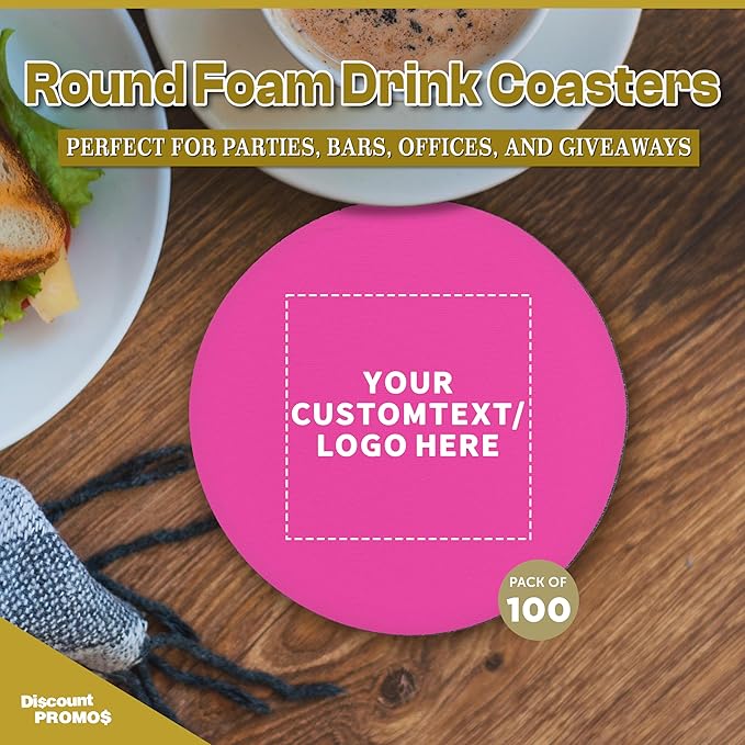 100 Round Foam Bud Coasters Pack, 4 inch - Customizable Text, Logo - PU Foam, Party Favor - Neon Pink