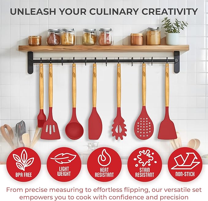 Kitchen Utensils Set, 21 Wood and Silicone Cooking Utensil Set, Non-Stick and Heat Resistant Kitchen Utensil Set, Kitchen Tools