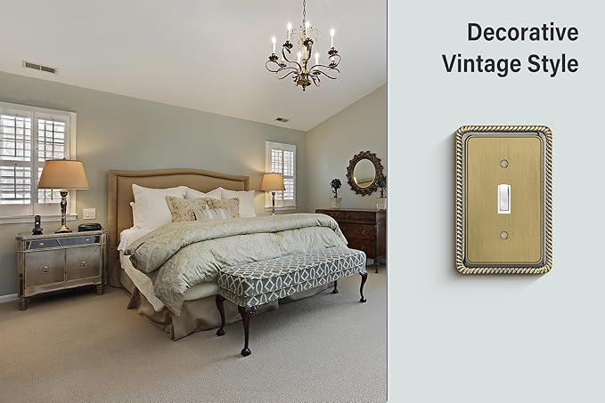 Henne Bery Rope Edge Decorative Wall Plate Switch Plate Outlet Cover (Single Toggle, 3 Pack, Antique Brass)