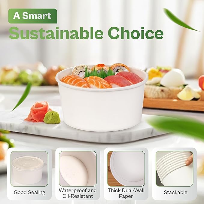 50-Pack 17 oz Paper Bowls With Lids – Disposable Salad & Rice Bowls To-Go, Leak-Proof, Microwavable & Freezer-Safe, Thick Dual-Wall Paper, SGS Tested to U.S. FDA 21 CFR PASS
