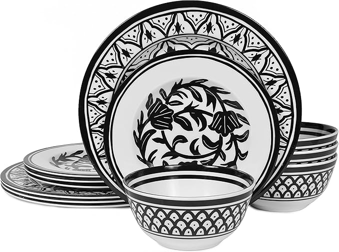 Melamine Dinnerware Sets-12pcs Melamine Plates and Bowls Set, Unbreakable, Dishwasher Safe, Indoor Outdoor Use, Ideals for Parties, Camping Dish Set, Black and White Pattern