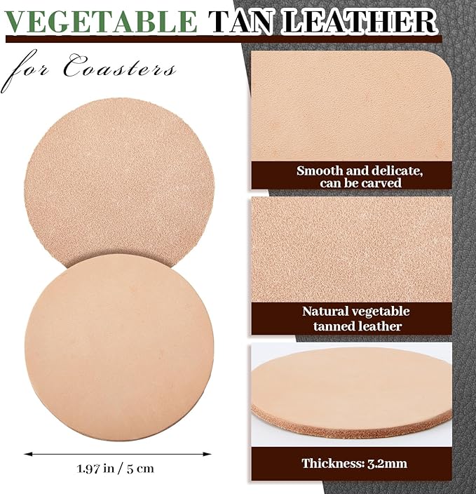 Bulyoou 50 Pack Round Vegetable Tan Leather 2" Tooling Veg Circular Leather Pieces Sheet for Laser Engraving Coasters Tooling Stamping Carving, Thickness 3.2 mm