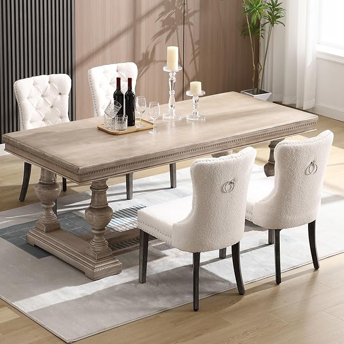 KCC Boucle Dining Chairs Set of 6, Upholstered High-end Tufted Dining Room Chair with Nailhead Back Ring Pull Trim Solid Wood Legs, Contemporary Nikki Collection Modern Style for Kitchen, Cream