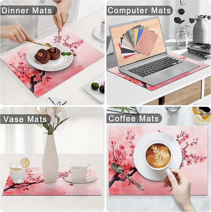 Japanese Cherry Blossom Placemats Set of 6, Pink Sakura Floral Place Mats, Flower Waterproof Washable Table Mats for Home Party Indoor Kitchen Dining Table Decoration 12x18 Inch