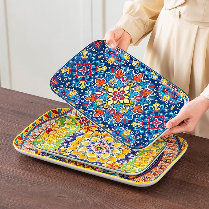 vancasso Serving Platters Set of 3, 16"/14"/12" Inch Rectangular Trays - Extra Large, Ceramic Bohemian Serving Dish for Entertaining Food, Microwave & Dishwasher Safe, Vintage