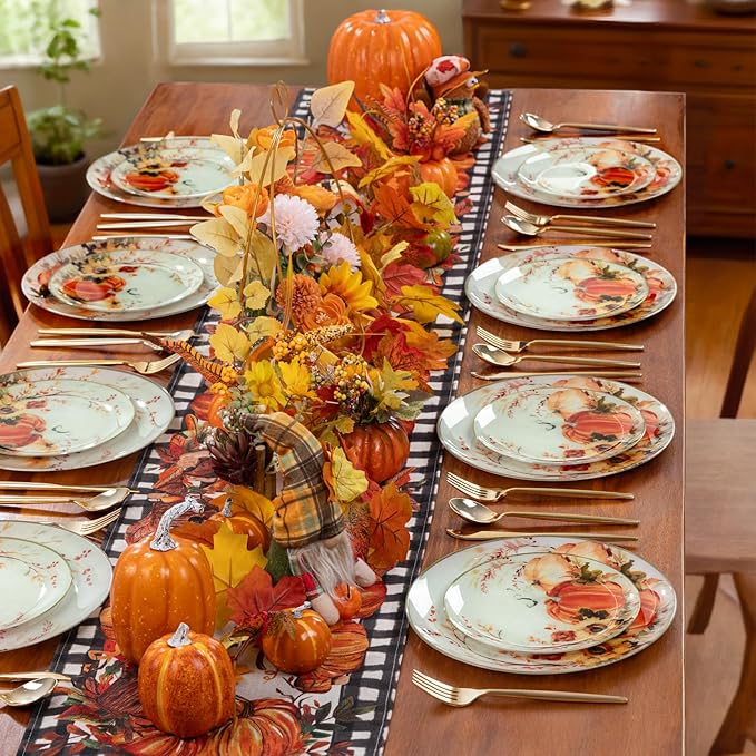 DaYammi 20 Thanksgiving Plastic Plates - Disposable Heavy duty Fancy Pumpkin Patterns, Orange plastic plates 10.25-inch Dinner and 7.5-inch Dessert Plastic Plates for Thanksgiving & holiday