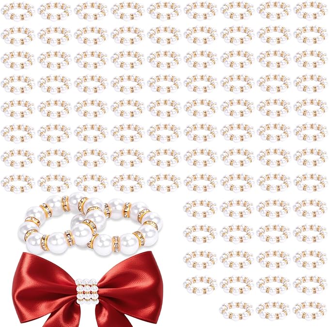 100Pcs Gold Disposable Imitation Pearl Napkin Rings, Exquisite White Gold Beaded Napkin Rings for Wedding Party Table Decoration and Daily Use