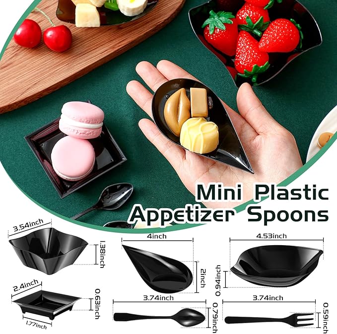 Tessco 800 Pcs Mini Appetizer Plates Set Including 400 Disposable Dessert Plates Assorted Shape 200 Mini Plastic Forks 200 Plastic Spoons for Party(Black,Classic)