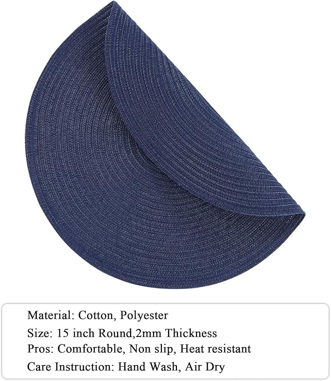 SHACOS Round Placemats Set of 8 Washable 15 inch Round Table Mats Cotton Polyester Woven Braided Place Mats for Dining Table, Navy