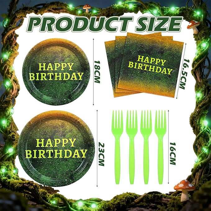 Yungyan 24 Sets Green Moss Pattern Disposable Paper Plates and Napkins Forks Plants Nature Green Ogre Themed Birthday Party Tableware Set Dinnerware for Women Men