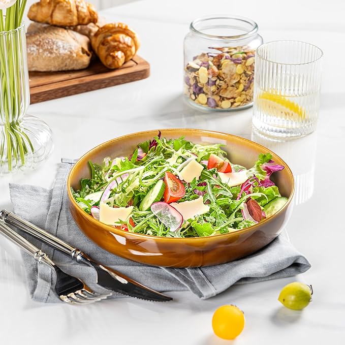 LERATIO 8.5'' Large Ceramic Pasta Bowls, 36oz Pasta Serving Bowls Set of 4 for Kitchen, Wide Bowls for Fruit,Pasta,Salad,Oatmeal,Meal, Microwave Safe, Reactive Glaze-Kahki