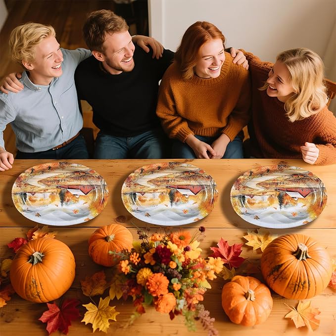 Grencian 50 Pcs Fall Landscape Oval Paper Plates Thanksgiving Oval Paper Plates 10" x 12" Large Disposable Heavy Duty Autumn Scenery Platters for Fall Theme Party Harvest Holiday Party Supplies