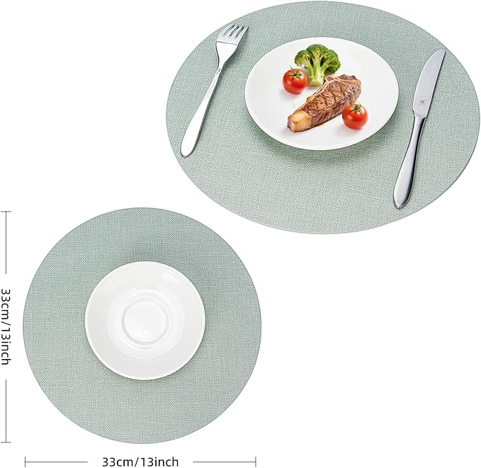 Round Wipeable Placemats Set of 4 – Faux Leather Round Table Mats, Waterproof & Washable Vinyl Placemats, Circle Design for Dining Table Decor– Sage Green
