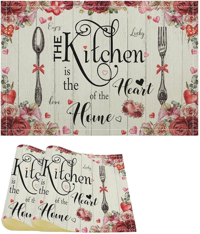 Retro Farmhouse Placemat Set, Romantic Pink Rose Floral Rural Plank Art Sketch Cutlery Knife Fork Inspirational Quotes Pattern Home Decor Linen Table Mats for Dining Room Kitchen Party (17x12in) x2P