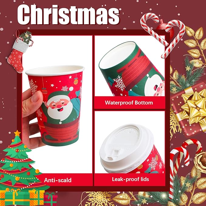 100 Pack 12 oz Paper Cups with Lids, Disposable Coffee Cups for Christmas, To Go Cups for Hot and Cold Drinks, Beverage