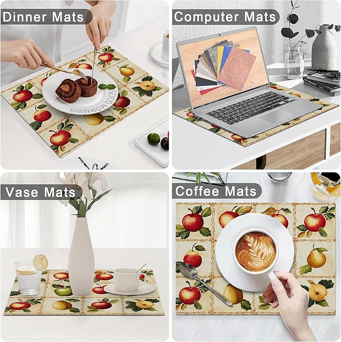 Apple Pear Placemats Set of 4, Retro Fruit Place Mats, Fruits Waterproof Washable Table Mats for Home Party Indoor Kitchen Dining Table Decoration 12x18 Inch