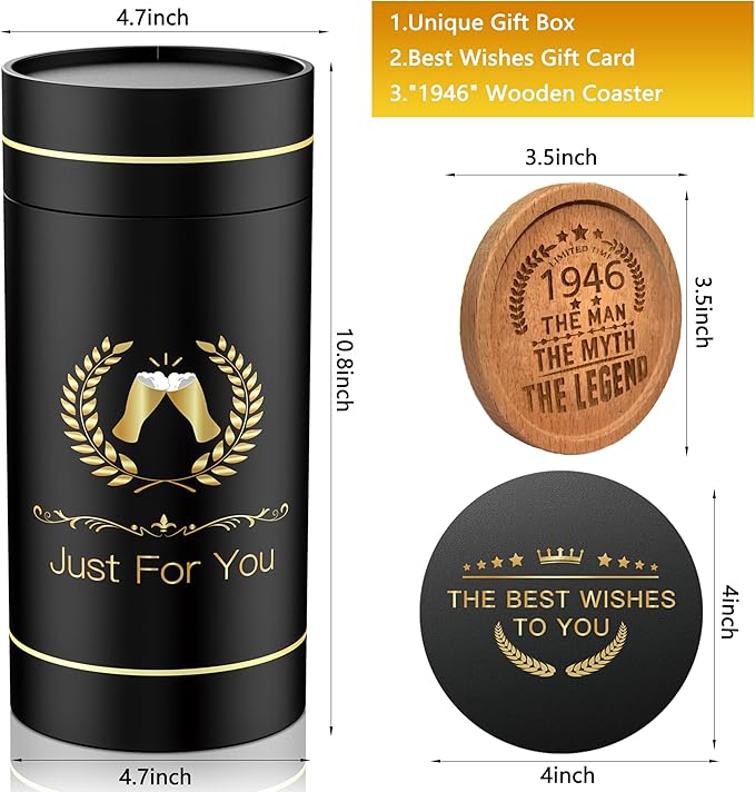 80th Birthday Beer Glasses Gifts, Personalized '1946' Vintage Glass Ware Set for Men, Black Gift Package with Drinking Glass, Coaster, and Card for 80 Years Old Man