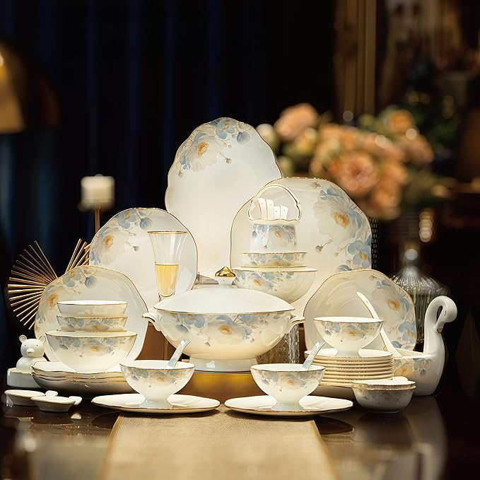 Fine Bone China Dinnerware Set,Porcelain&Ceramic Dinnerware Sets,Bone Stoneware & Ceramic Cookware Tableware Set Includes Dinner Plates|Spoons|Pasta Bowls|Soup Pot|Chopsticks (56 PCS)