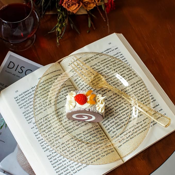 I00000 72 Pieces Plastic Dessert Plates 7.5" & 72 Pieces Gold Disposable Forks 7.4" with Gold Glitter, Gold Disposable Plates, Plastic Salad Plates for Birthday, Wedding & Party