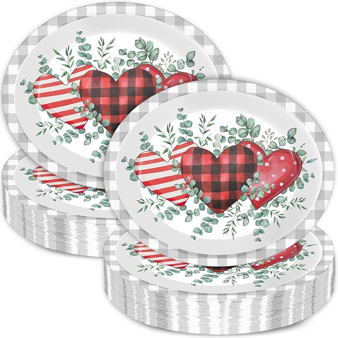 CHUNNIN 50Pcs Valentine's Day Party Supplies Valentines Party Oval Paper Plates 11.6 x 9.5in Eucalyptus Love Heart Disposable Tableware for Valentine's Day Anniversary Birthday Wedding Party Decor
