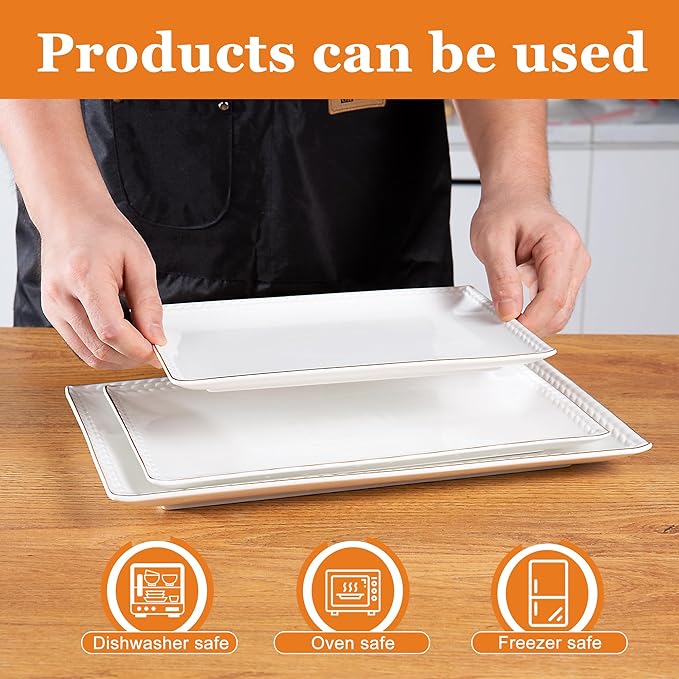 Kassel Ceramic Serving Platter Set | 16”/14”/12” Rectangular Serving Trays for Entertaining at Parties and Weddings | Oven Safe XL Serving Trays for Tacos, Steak and Cake