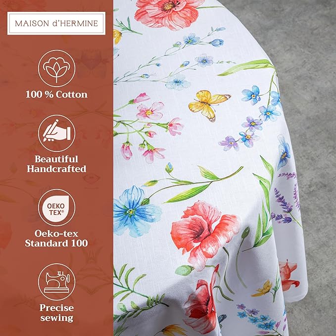 Maison d' Hermine Table Cloth Round Table 100% Cotton 69 Round Inches Tablecloth Reusable Decorative for Dining Room Farmhouse Home Valentines Day Decorations Spring Summer - Just Floral