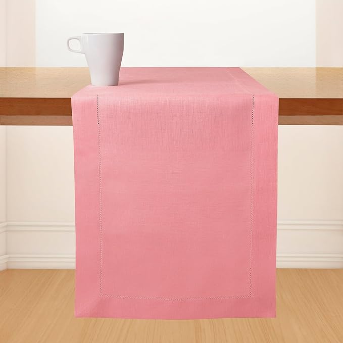 D'Moksha Homes Linen Dusty Pink Table Runner 84 Inches Long - 100% Pure Linen Table Runner 14 x 84 Inch for Valentines, Spring, Easter - Classic Hemstitch