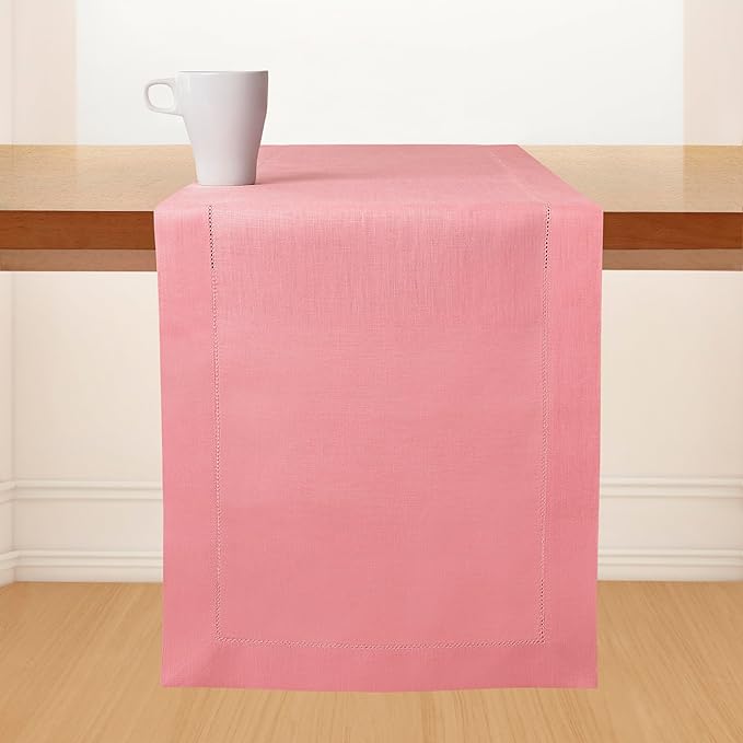 D'Moksha Homes Linen Dusty Pink Table Runner 90 Inches Long - Classic Hemstitch 100% Pure Linen Dining Table Runner 14 x 90 Inch for Valentines, Spring, Easter