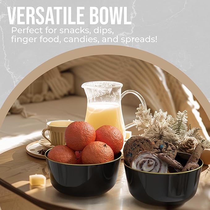 Trendables Plastic Bowls Disposable Bowls 24 Oz Bowl Set Of 10 Black Gold Rimmed Fancy Plastic Serving Dishes Perfect for Parties and Events Disposable Candy Bowl