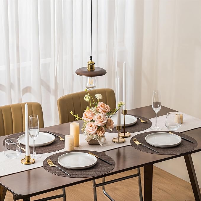 Jovono 15" Faux Leather Big Round Placemats Set of 4 - Washable Heat Resistant Non-Slip Dining Table Mats with Fabric Texture for Kitchen Home Party Decor, Coffee
