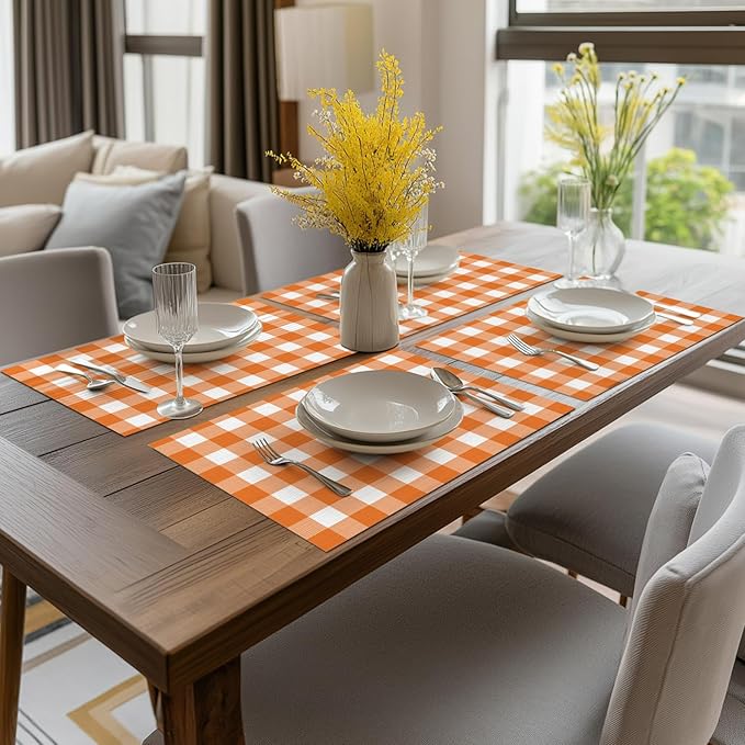 Artoid Mode Buffalo Plaid Vinyl Placemats Set of 4, 12x18 Inch Washable Non-Slip Heat Resistant Plastic Place Mats for Party Dining Table, Orange/White