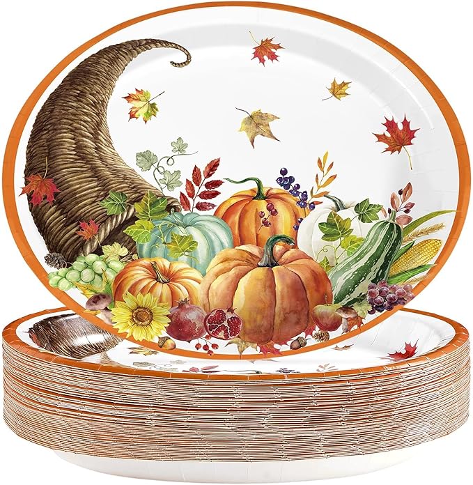 Grencian 50Pcs Thanksgiving Oval Paper Plates Thanksgiving Harvest Plates 10" X 12" Large Disposable Fall Pumpkin Cornucopia Platter Rustic Farmhouse Tableware for Autumn Harvest Party Decorations