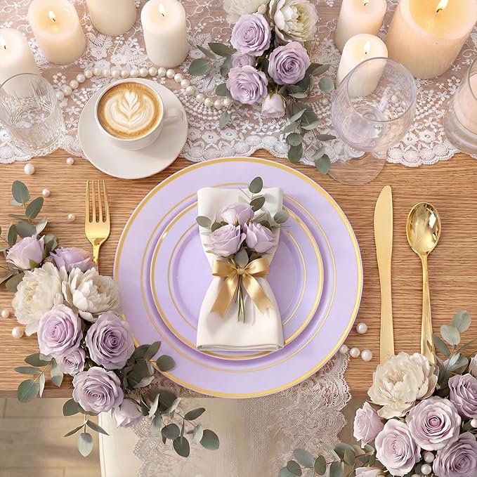 175PCS Purple Plates Disposable - Lavender Plastic Plates 25Guests Plastic Dinnerware with Rolled Napkins for Birthday/Spring/Baby Shower/Easter