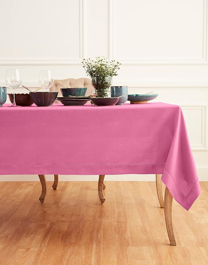 Solino Home Linen Tablecloth for Rectangle Tables 60 x 120 Inch - Classic Hemstitch 100% Pure Linen Flamingo Pink Table Cloth - Machine Washable Cloth Tablecloth for Valentines, Spring, Easter