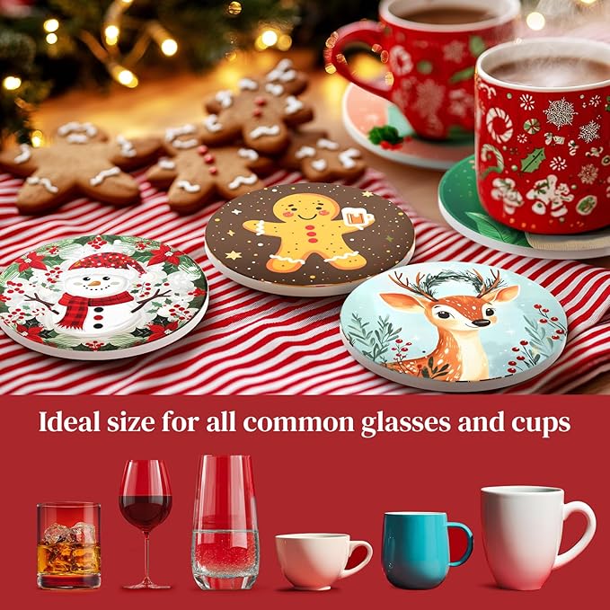 Christmas Coasters with Metal Holder Vintage Santa Drink Coasters Coasters Round Absorbent Ceramic Stone Coaster for Home Kitchen Table Decor Set of 6