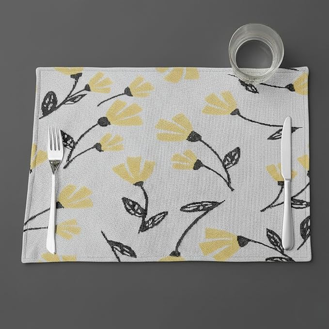 DaDa Bedding Yellow Fleur Floral Botanical Dining Table Placemats - Set of 4-Pieces Tapestry Spring Time Golden Orange Floral Garden Design - Decorative Cotton Linen Woven Kitchen Mats - 13” x 19”
