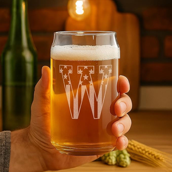 Monogram Beer Glasses for Men (A-Z) 16 oz - Beer Gifts for Men Brother Son Dad Neighbor - Unique Gifts for Him - Personalized Drinking Gift Beer Glass Mugs - Engraved Beer Can Glass (W)