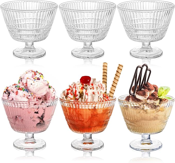 6 Pack Glass Dessert Bowls Set, 10.8 Oz Vintage Ice Cream Cups with Pedestal, Fluted Sundae Dishes Pudding Footed Bowl for Ice Cream, Dessert, Parfait, Candy, Fruit
