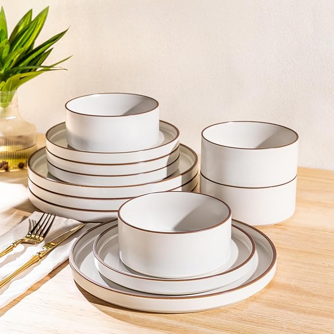 LERATIO Dinner Plates,10.25 Inch Ceramic Flat Plates Set of 6,High Edge Modern plates for Kitchen,Microwave & Dishwasher & Oven Safe, Scratch Resistant Dishes Set-White with Rim