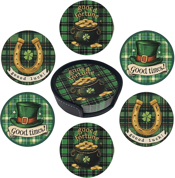 Lucky Coasters for Drinks with Holder Round Leather Coasters Set of 6 Cups Mugs Mat Pad for Home Kitchen Bar
