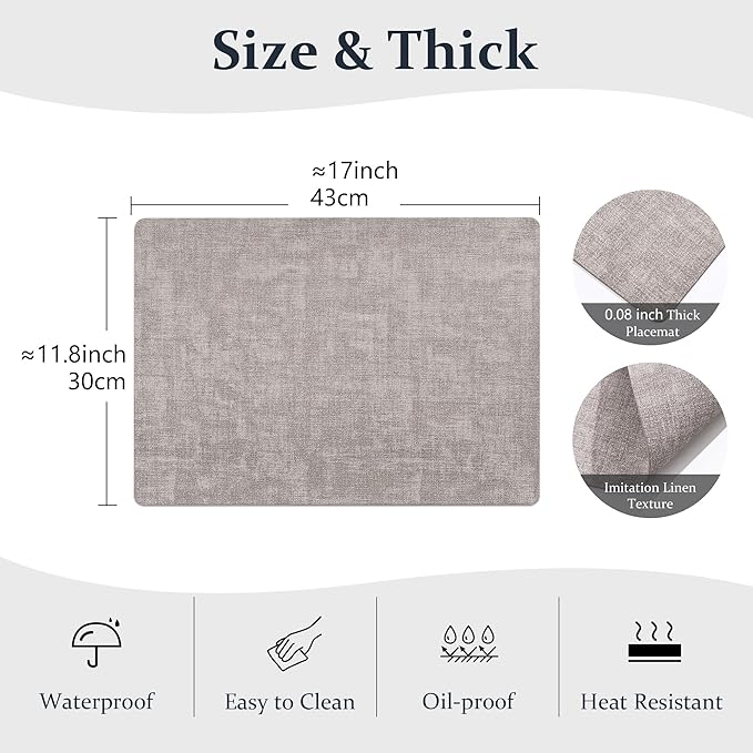 FROMHEART Faux Leather Placemats Set of 6–Waterproof,Heat/Oil Stain-Resistant PU Table Mat–Reversible,Non-Slip,Easy to Clean Place Mats for Kitchen,Dining,Indoor/Outdoor,(Light Grey,11.8" x 17")