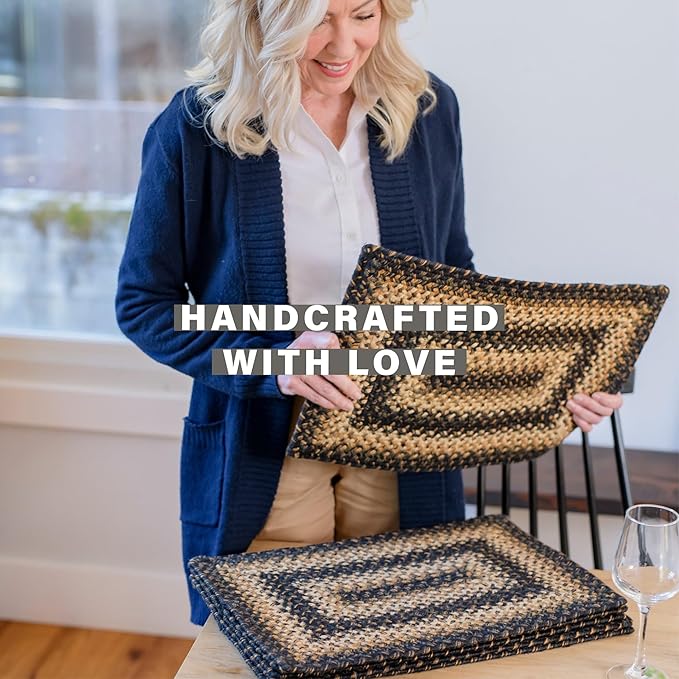 Homespice Kilimanjaro Premium Jute Braided Placemat Set of 4 Oval 10x15 Black Reversible, Natural Jute Yarn Rustic, Country, Primitive, Farmhouse Style