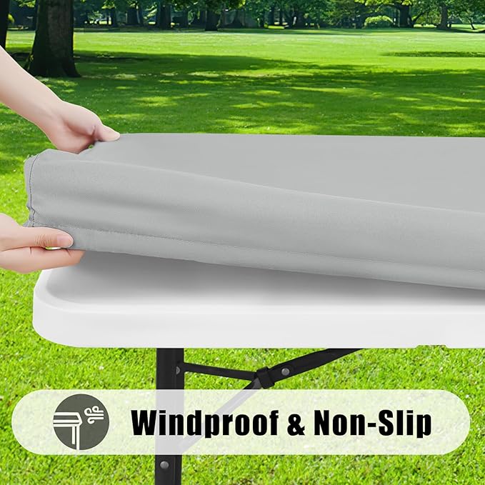 Smiry Rectangle Picnic Table Cloth, Waterproof Elastic Fitted Tablecloths for 6 Foot Tables, Washable Polyester Table Cover for Camping, Outdoor and Indoor (Light Grey, 30"x72")