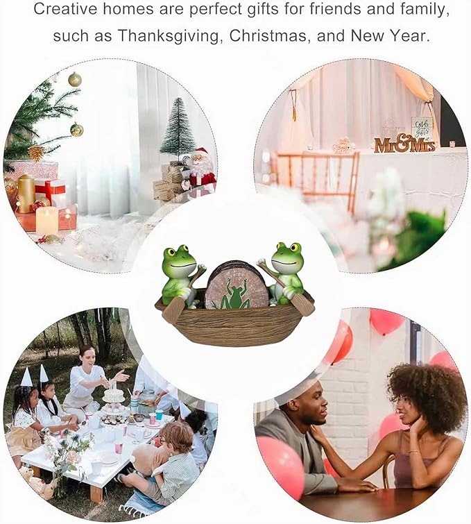 Frog Coasters Set of 6 Rustic Coasters in Handmade Canoe Drink Coffee Mug Wine Beer Bar Round Table Decorative Cute Log Cabin Decor for The Home