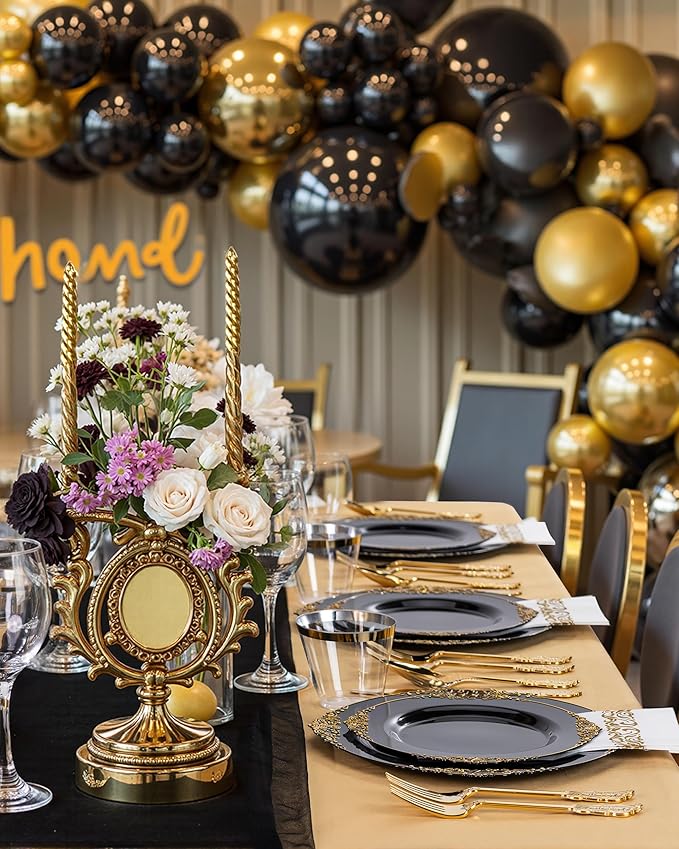 Nervure 350PCS Black Plastic Plates - Black Plastic Dinnerware Sets for 50 Guests - 100 Disposable Plates, 150 Gold Silverware, 50 Cups, 50 Napkins for Wedding & Party & New Year