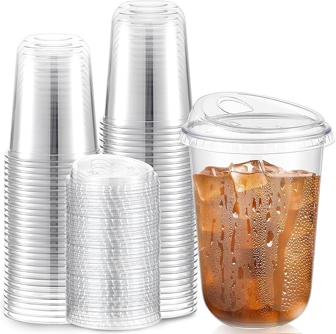 Baderke 50 Pcs Plastic Cups with Sip Lids Round Bottom Disposable Plastic Coffee Cups with Lids Clear Strawless Crystal Mugs for Iced Coffee Smoothie Cold Beverage Party Catering Supplies (16 oz)