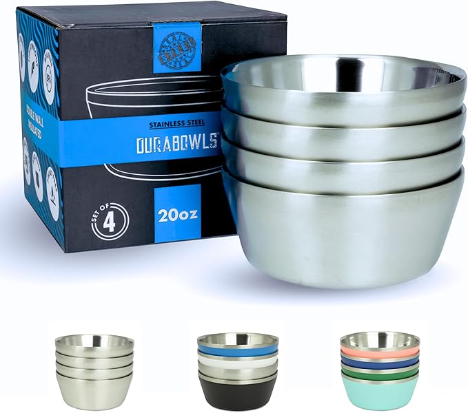 Stainless Steel Insulated Bowls for Kids and Adults - 20 Oz Double Wall Metal Bowls for Ice Cream, Soup, Cereal, Snack, Rice Dish, Camping Bowl (Stainless Steel)