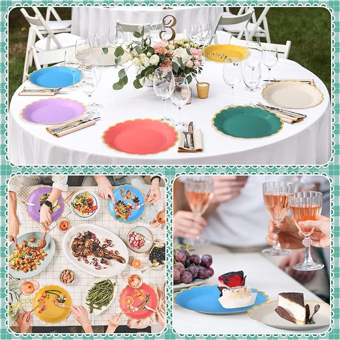 96 Pcs Boho Rainbow Paper Plates 9 Inch Colorful Scalloped Paper Plates Disposable Dinner Dessert for Birthday Wedding Bridal Party Supplies, 6 Colors